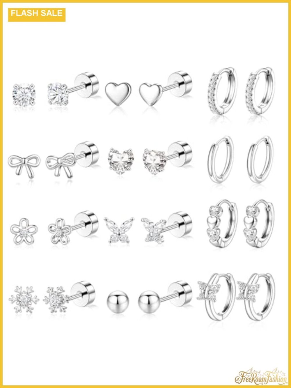 12 Pair Hypoallergenic Earrings Set Flat Back Stud & Huggie Hoop Surgical